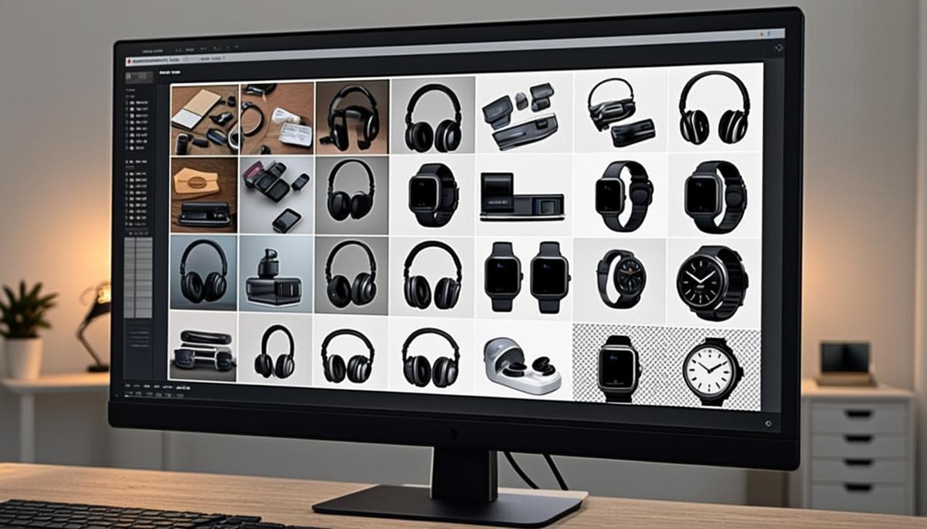 Grid of product photos showing before and after background removal on a large monitor screen