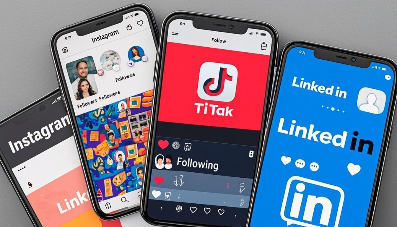 Multiple smartphones showing different social media apps with clean profile backgrounds