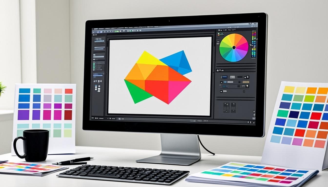 Graphic designer workspace with transparent PNG design elements and a monitor
